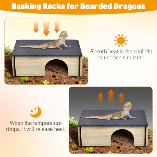 PINVNBY Large Bearded Dragon Basking Platform, Wooden Snake Hide, Ball Pythons Hide with Slate Rock, Leopard Gecko Tank Accessories for Geckos, Crested Gecko Chameleon Turtles (L: 11.8x7.87 inches) - size: L: 11.8x7.87 inches