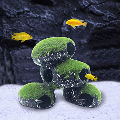 PINVNBY Stone Aquarium Hideaway Decoration Resin Cichlids Rock Decor with Artificial Moss Betta Cave Hideout Shelter Tunnel Fish Tank Ornament for Shrimp,Short Bream and Crayfish(L)