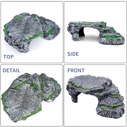 MoonOrange Turtle Basking Platform Kit, Reptile Habitat Hideout, Decorative Resin for Aquarium & Terrarium, Including Artificial Plant and Cleaning Brush. (A-Large-Black)