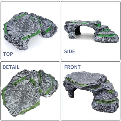 MoonOrange Turtle Basking Platform Kit, Reptile Habitat Hideout, Decorative Resin for Aquarium & Terrarium, Including Artificial Plant and Cleaning Brush. (A-Large-Black)
