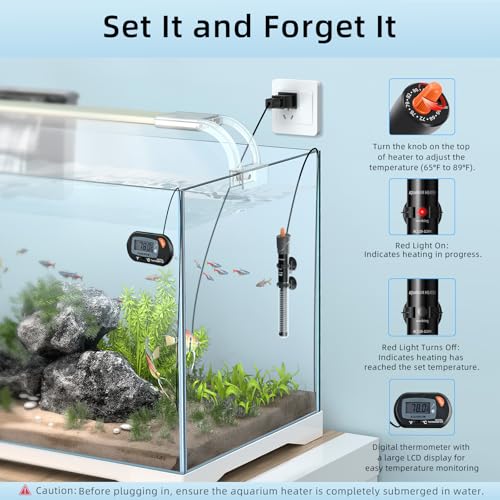 HiTauing Aquarium Heater 25W/50W/100W/200W/300W, Adjustable Knob Fish Tank Heater with Digital Thermometer, Submersible Betta/Turtle Tank Heater for Freshwater and Saltwater Tanks - size: 100W for 10-30 gallon