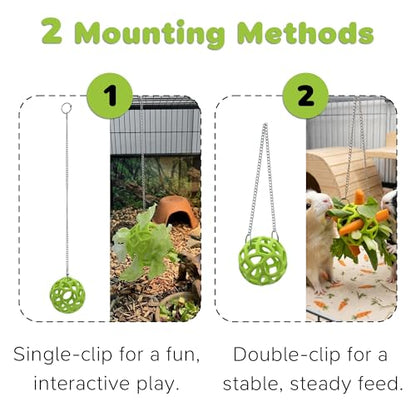 Feeder Ball with Chain for Rabbits Hamsters Turtles Reptile Enrichment Toy | 2 Pack, Durable Silicone Ball, Stainless Steel Chain, Foraging Toy, Hay Vegetable Holder, for Reptile Enclosure & Habitats