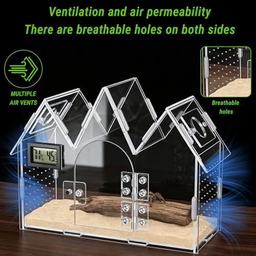 Jumping Spider Enclosure with Built-in Hygrometer Thermometer, 9.5"x4"x6.7" Acrylic Reptile Terrarium, Magnetic Front Door Habitat Tank for Tarantulas, Snails, Isopods, Insects