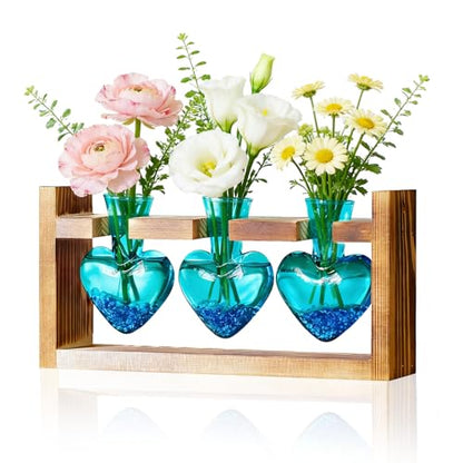 Nacome Plant Terrarium with Wooden Stand, 3 Heart Bulb Glass Vases | Wooden Stand Tabletop for Air Planter, Gifts for Mom Plant Lovers Mom Women Wife Grandma - color: Blue