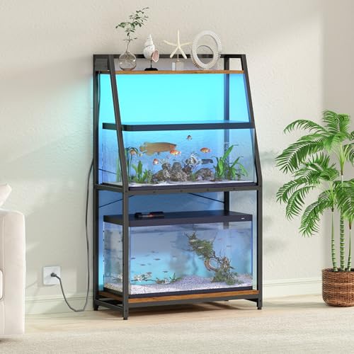 HOOBRO 20-29 Gallon Fish Tank Stand with Power Outlets and LED Light, Heavy Duty Aquarium Stand, Metal Frame Reptile Turtle Tank Stand, 33.1'' L x 15.7'' W, 300 LBS Capacity, Rustic Brown BF41UDFT01