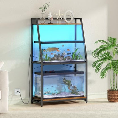 HOOBRO 20-29 Gallon Fish Tank Stand with Power Outlets and LED Light, Heavy Duty Aquarium Stand, Metal Frame Reptile Turtle Tank Stand, 33.1'' L x 15.7'' W, 300 LBS Capacity, Rustic Brown BF41UDFT01