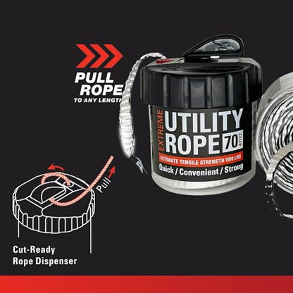 Rapid Rope Canister, 70ft White Tactical Paracord, 1100lb Test, USA Made | Heavy Duty Poly Rope Test Cord, Non-Tangle Dispenser Included, For Hiking, Camping, Survival, Utility, Stocking Stuffer, Gift - size: 70ft, style: White