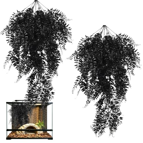 Hamiledyi Reptile Plants Hanging Terrarium Plants 2 Pack Fake Artificial Leaves with Suction Cup for Snake, Lizard, Chameleon (Black) - color: 2 Pcs Black Reptile Plants