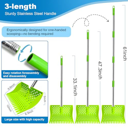 12" 2-in-1 Chicken Poop Scooper & Rake (US Patent No. D1124534), 3-Shape Sifting Holes Chicken Coop Rake, Stainless Steel Handle (20–61") - Litter Scoop Sand & Sifting Shovel (Green) - color: Green