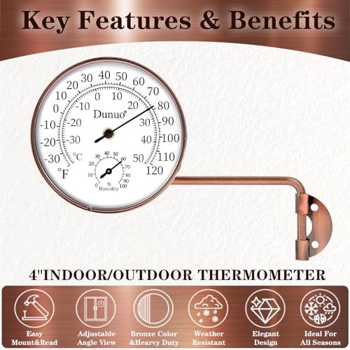 4-Inch Long Arm Brass Outdoor Thermometer & Humidity Gauge | Weatherproof Battery-Free Analog Hygrometer, °F/°C Dual Scale, Adjustable Swivel Bracket for Patio, Window & Greenhouse - size: 4inch with longer arm