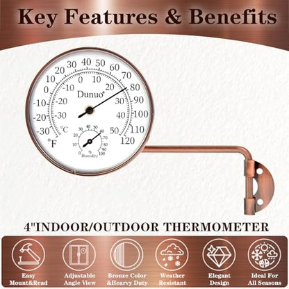 4-Inch Long Arm Brass Outdoor Thermometer & Humidity Gauge | Weatherproof Battery-Free Analog Hygrometer, °F/°C Dual Scale, Adjustable Swivel Bracket for Patio, Window & Greenhouse - size: 4inch with longer arm