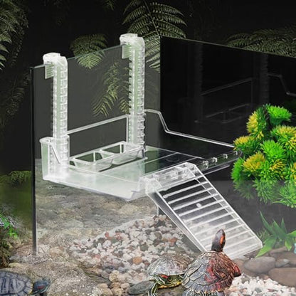 La La Pet Elevated Hanging Turtle Basking Platform with Removable Ladder Food Bowls Adjustable Clear Acrylic Turtle Resting Terrace Reptile Habitat for Fish Tank Aquarium Decor M - size: Medium