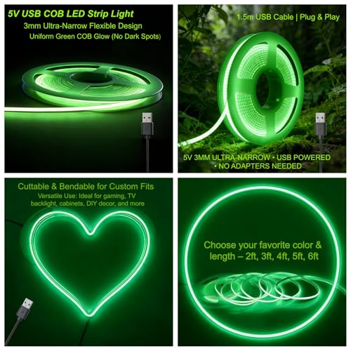 Ultra-Narrow 3mm USB COB LED Strip Lights Self-Adhesive, for Kitchen Cabinets, Bedroom, Gaming Desk (Green, 3ft) - color: Green, size: 3ft