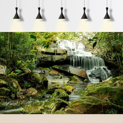 Waterfall Aquarium Background Jungle Forest Lake Stream Natural Landscape Fish Tank Background Tropical Plants Huge Rock with Moss Terrarium Backgrounds Jungle Trees Falls Reptile Backgrounds 24x12in - color: Light Green, size: 24(W)x12(H)inches/ 60(W)*30