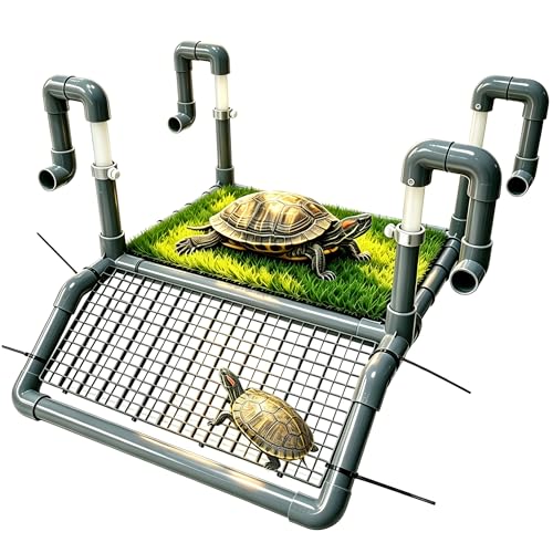 Extra Large Turtle Basking Platform with Ramp, Height-Adjustable(7.9"-13.9") PVC Dock, Non-Slip Mesh, Above Water Dry Area, 1 Piece of Artificial Turf (11.8“ x 7.87”) Included