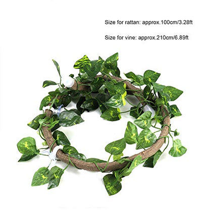 Tropical Terrarium Plants Fake Jungle Vines Set with Pothos Leaves, Naturalistic Climbing Vines for Reptile Habitat Decor, Bioactive Vivarium (Vinegar + Green Ivy Leaves)