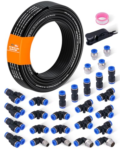 1/4" Air Line Tubing Kit, 32.8FT(10M) SAE J844 PA Nylon Air Hose Tubing with Cutter and Teflon Tape, 1/4" Air Hose with Push to Connect Fittings for Air Brake System Or Fluid Transfer(30PCS)