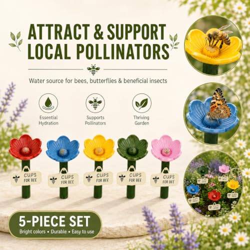 5 Set Bee Watering Station for Garden, Flower-Shaped Insect Drinking Cups with Stakes, Safe Water Feeder for Bees, Butterflies & Pollinators, Outdoor Yard Decor, Nature Lovers Gift