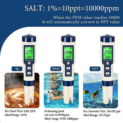 PH Meter & TDS Meter Digital Water Tester 5 in 1 Salinity Tester PH Temp EC and TDS Meter,PH Meter for Water with LCD Backlit,Water Testing Kits for Drinking Water,Wine,Swimming Pool,Hot Tub Spas. - size: 5-1