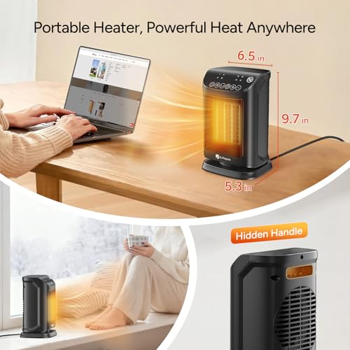 DR.PREPARE 1500W Small Space Heater for Indoor Use, Portable PTC Ceramic Electric Heater with Thermostat, Oscillation, Remote, 12H Timer, 3 Heat Modes + Fan + ECO Mode, Safe Heater for Office Bedroom - size: 9.7''H/ 70° Auto Oscillation