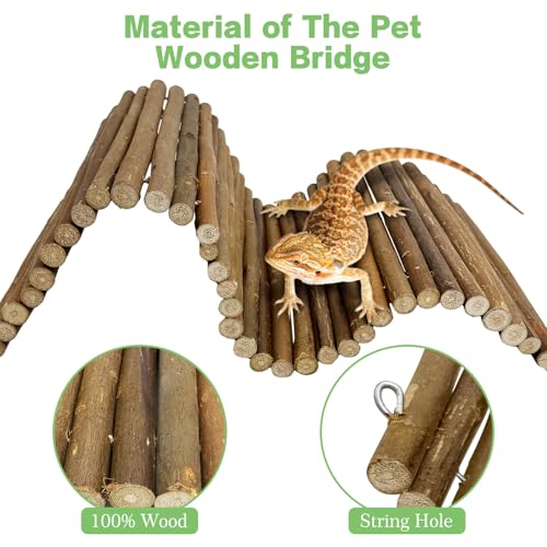 Hamiledyi Bendable Wooden Reptile Hideout Ladder Bridge Hiding Hut Tunnel Toys Climbing Bridge Chew Toy Habitat Accessories for Bearded Dragons Ball Python Guinea Pigs Rabbits(19.7 x 9 in)