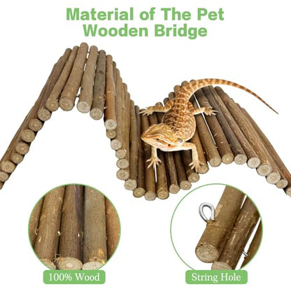 Hamiledyi Bendable Wooden Reptile Hideout Ladder Bridge Hiding Hut Tunnel Toys Climbing Bridge Chew Toy Habitat Accessories for Bearded Dragons Ball Python Guinea Pigs Rabbits(19.7 x 9 in)