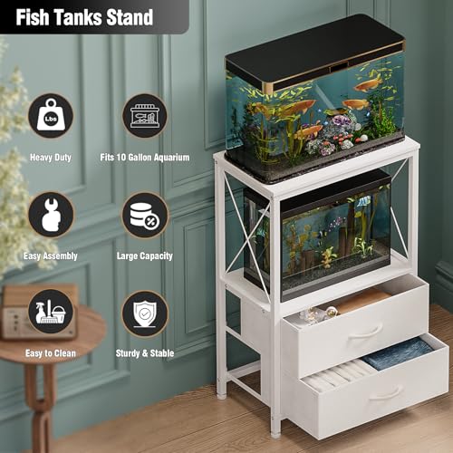 10 Gallon Aquarium Stand with 2 Drawers, White | 10 Gallon Fish Tank Stand; 2-Tier Storage Shelf; Heavy-Duty Metal Frame; Reptile & Turtle Tank Stand; White Finish - color: White