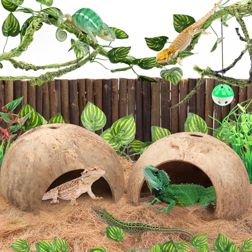 QUOZUO Crested Gecko Tank Accessories, Reptile Climbing Vines Hanging Plants with Coconut Shells Bridge Hideout Hermit Crab Decor for Bearded Dragon Lizard Chameleon Gecko Turtle Snake