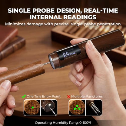 Single Probe Cigar Hygrometer, Rechargeable Digital LED | Rechargeable Single-Probe Hygrometer, LED Humidity Reading, Precision Sensing, Cigar Collectors
