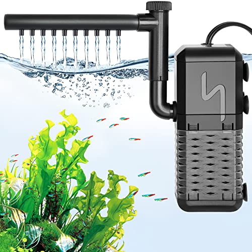 AQQA Submersible Aquarium Filter, Adjustable Flow with Aeration System | Ultra Quiet, Biochemical Sponge Filtration, Fish Tank Filter Built-in Rainfall Aerator, Fits Tanks Up to 50 Gallon,158GPH - size: S(158GPH-6W)