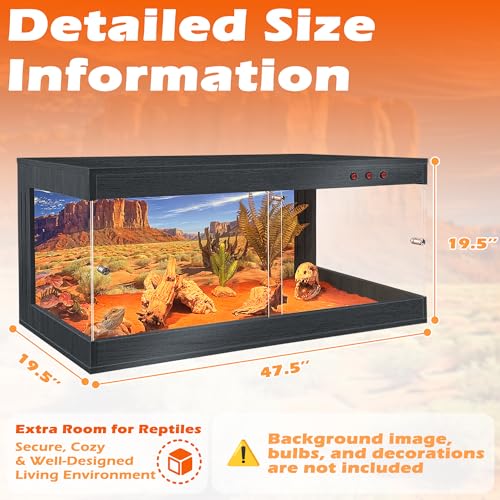 ROYXEN Reptile Tank, 81 Gallons Reptile Enclosure with Lockable Design, Tempered Glass Bearded Dragon Tank for Lizard Habitat, Soild Wood Built-in Sockets (Black, 48"x20"x19.5") - color: Black, size: 48"x20"x19.5"