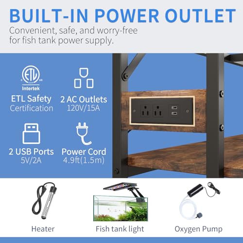 METYERRY 40 Gallon Fish Tank Stand with Power Outlet,Adjustable Shelf | 660 LBS Heavy Duty Metal Frame, Fits Fish Tanks Reptile Tanks and Turtle Tanks, Water Resistant Board, Home Aquarium Setup - color: Rustic Brown, size: 40 Gallon