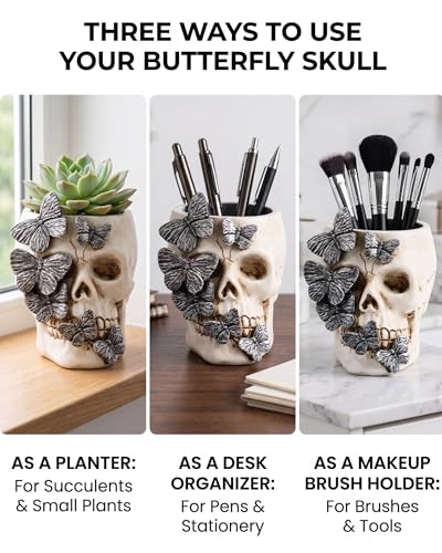 Resin Air Plant Holders,Tilandsia Container,Gothic Skeleton Planter,Halloween Plant Pot,Tillandsia Pot, Skull Table Top Display Planters for Air Plants and Other (White, 5.1 * 4.3'') - size: 5.1*4.3''