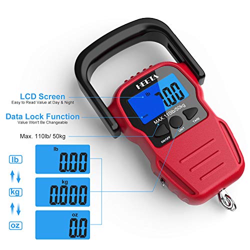 HEETA Fish Scale Digital Fishing Luggage Weight Scale with Measuring Tape | Up 110lb/50kg Portable Hanging Scale with Backlit LCD Display for Home Farm Outdoor Hunting Fishing, 2 AAA Batteries Included - color: Red