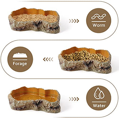 Reptile Food Water Resin Rock Bowls Lizard Gecko Worm Feeding Dish Large | Amphibian Feeder Bowl Terrarium Decor for Bearded Dragons, Chameleon, Leopard Gecko Frog Snake Hermit Crabs Turtle Spider Pet - size: Large