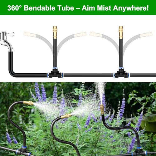 60FT Drip Irrigation System for Garden – Automatic Watering Kit with Solid Brass Metal Connectors, 360° Bendable Tubing &16 Adjustable Nozzles for Greenhouse, Lawn, Yard & Plants - size: 60 FT