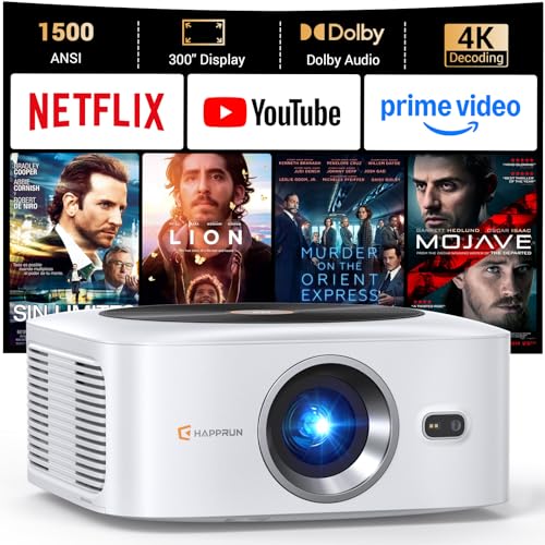 HAPPRUN 1500 ANSI Smart Outdoor Projector, Built-in Apps, 30W Dolby Audio | 4K Decoding,Auto Focus,10K+ Apps,Movie Projector with WiFi Bluetooth,Portable Indoor Proyector Compatible with Phone/TV Stick