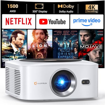 HAPPRUN 1500 ANSI Smart Outdoor Projector, Built-in Apps, 30W Dolby Audio | 4K Decoding,Auto Focus,10K+ Apps,Movie Projector with WiFi Bluetooth,Portable Indoor Proyector Compatible with Phone/TV Stick