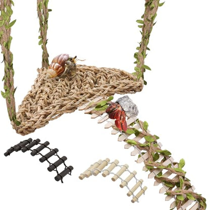 Hermit Crab Climbing Toys Set, Seagrass Hammocks Reptile Ladder Bridge Set Ornamental Fake Grass, Hermit Crab Habitat Tank Accessories, Also for Lizard Hamster Guinea Pig Rats