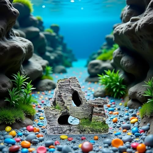 Resin Aquarium Mountain Decor with Moss Rock Cave - Multi-Level Terrain for Fish Tank Landscaping, Natural-Looking Rockery Design with Hidden Cave and Crevices for Shrimp, Reptile Habitat Aquascaping