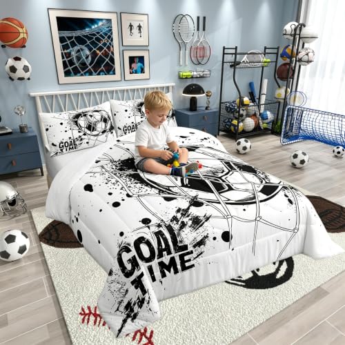 Erosebridal Kids Football Comforter Set Twin Size American Soccer Bedding Set Sports Games Duvet Sets for Boys Girls Children Teens Geometric Polygon Quilt for Bedroom, Black White - color: Multi 12, size: Twin