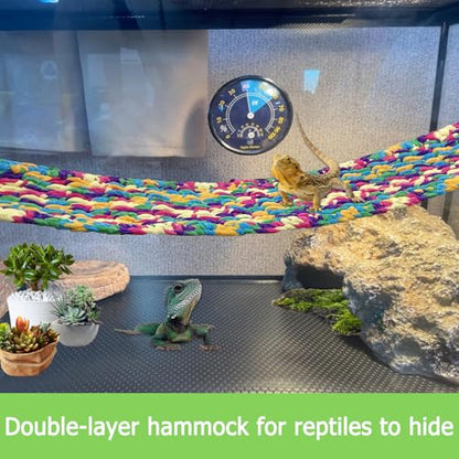 QWR 30" x 7" Hand-Knitted‌ Soft Reptile Lizard Hammock,Lengthened Thicker Hammock for Bearded Dragon Tank Swing Hanging with Strong-Adhesive Hooks,Breathable Bed for Gecko Chameleon(Rectangular)