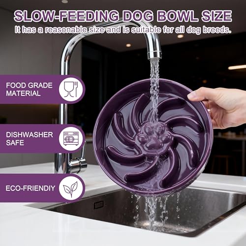 Ceramic Slow Feeder Dog Bowl, 3 Cup Dog Food or 25oz Water, Slow Eating Bowl for Middle Breed, Maze Puzzle Feeder for Fast Eaters, Anti-Choking Stop Bloat, Non-Slip BPA Free (Purple) - color: Purple
