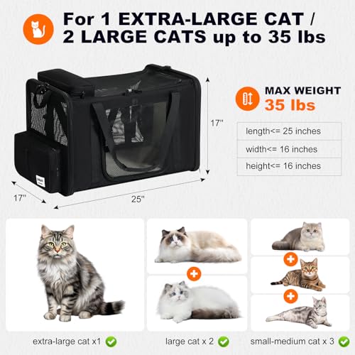 pidipiti 25x17x17 Extra-Large Expandable cat Carrier for car Road Travel | for 1 Extra-Large cat/2 Large /3 Medium Cats up to 35 lbs,large cage kennel for long road trip,zipper lock,good Visibility - size: 25.5"L x 17.0"W x 17.0"H