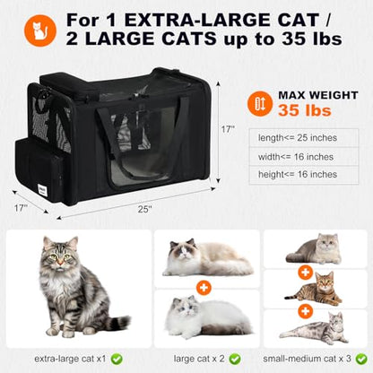 pidipiti 25x17x17 Extra-Large Expandable cat Carrier for car Road Travel | for 1 Extra-Large cat/2 Large /3 Medium Cats up to 35 lbs,large cage kennel for long road trip,zipper lock,good Visibility - size: 25.5"L x 17.0"W x 17.0"H
