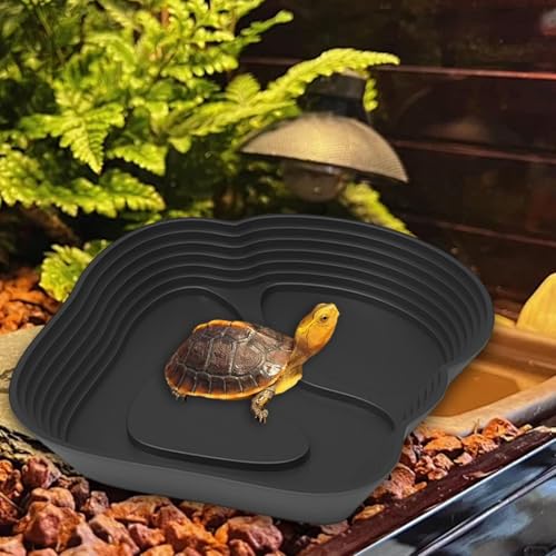 Reptile Water Dish with Ramp, 12.6 x 11.6 in Tortoise Bath Bowl for Bearded Dragons and Semi-Aquatic Pets, Black - color: Black