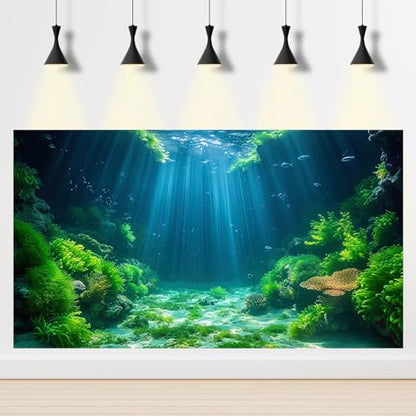 2 Pack Ocean Floor Aquarium Background Underwater World Aquatic Plants Terrarium Backdrop Cave Sunlight Fish Tank Background Rock with Moss Sunlight Rays Aquarium Wallpaper Poster Decor 48x18in