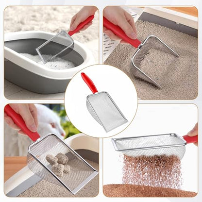 Fine Mesh Metal Reptile Litter Cleaner Scooper, Stainless Steel Mesh Litter Shovel, Black Non-Slip Handle Sifter for Lizard Substrate Reptile Terrarium Sand Waste, Red