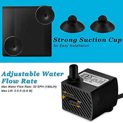 3W 50GPH Mini Submersible Water Pump, Small Fountain Pump for Pond, Aquariums, Fish Tank, Tabletop Fountain, Pet Fountain, Indoor or Outdoor Fountain (AC Powered)