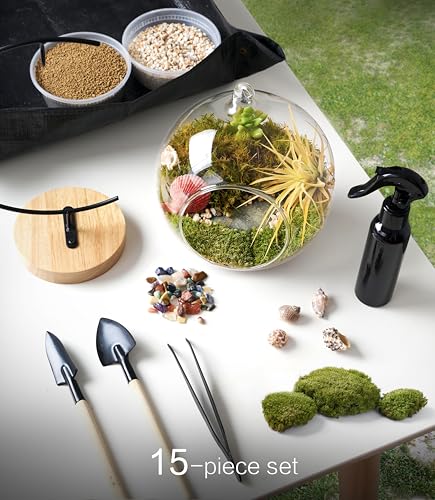 DIY Terrarium Kit with Live Moss, 15-Piece Glass Globe Set | Complete DIY Experience, Beginner Friendly, Wooden Display Stand, Gift-Ready Set, Indoor Nature Decor, Easy Assembly